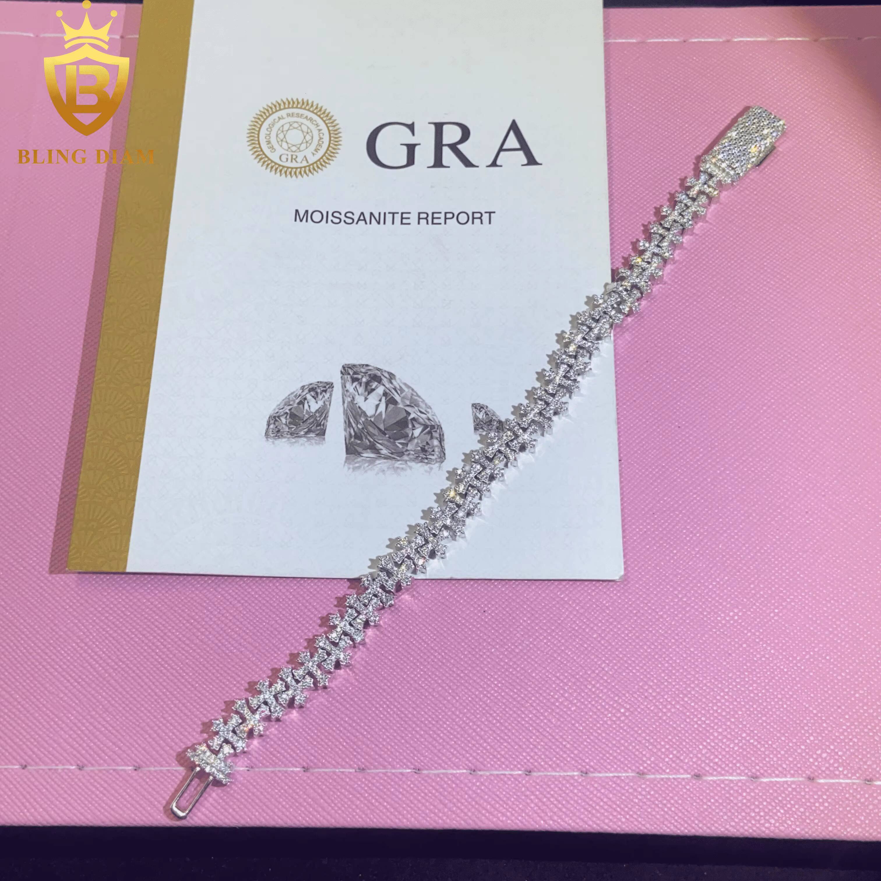 New Design Fashion 925 Sterling Silver 8.5mm Chain Moissanite Cuban Bracelet Men Women Cross Bracelet Hip Hop Style with GRA