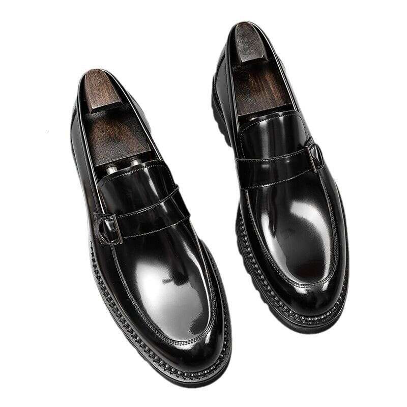 British Style Loafers For Men With Shiny Leather, Increased Height, Thick Sole, Casual One Foot Round Toe Leather Shoes,