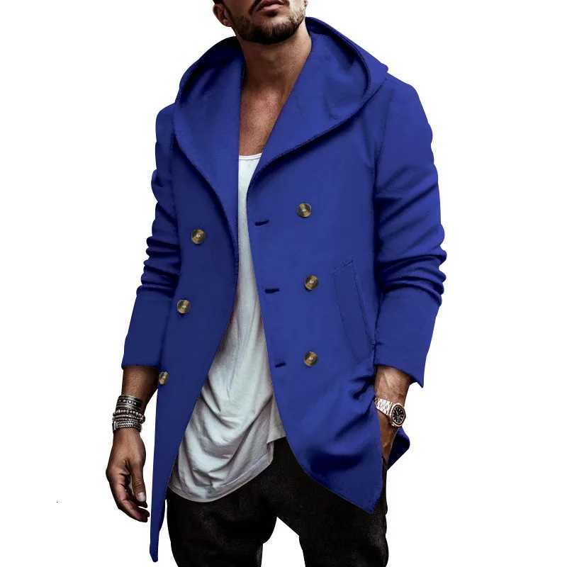 Mens Medium and Long Lapel Hooded Composite Space Cotton Double-Breasted Casual Trench Coat W250815