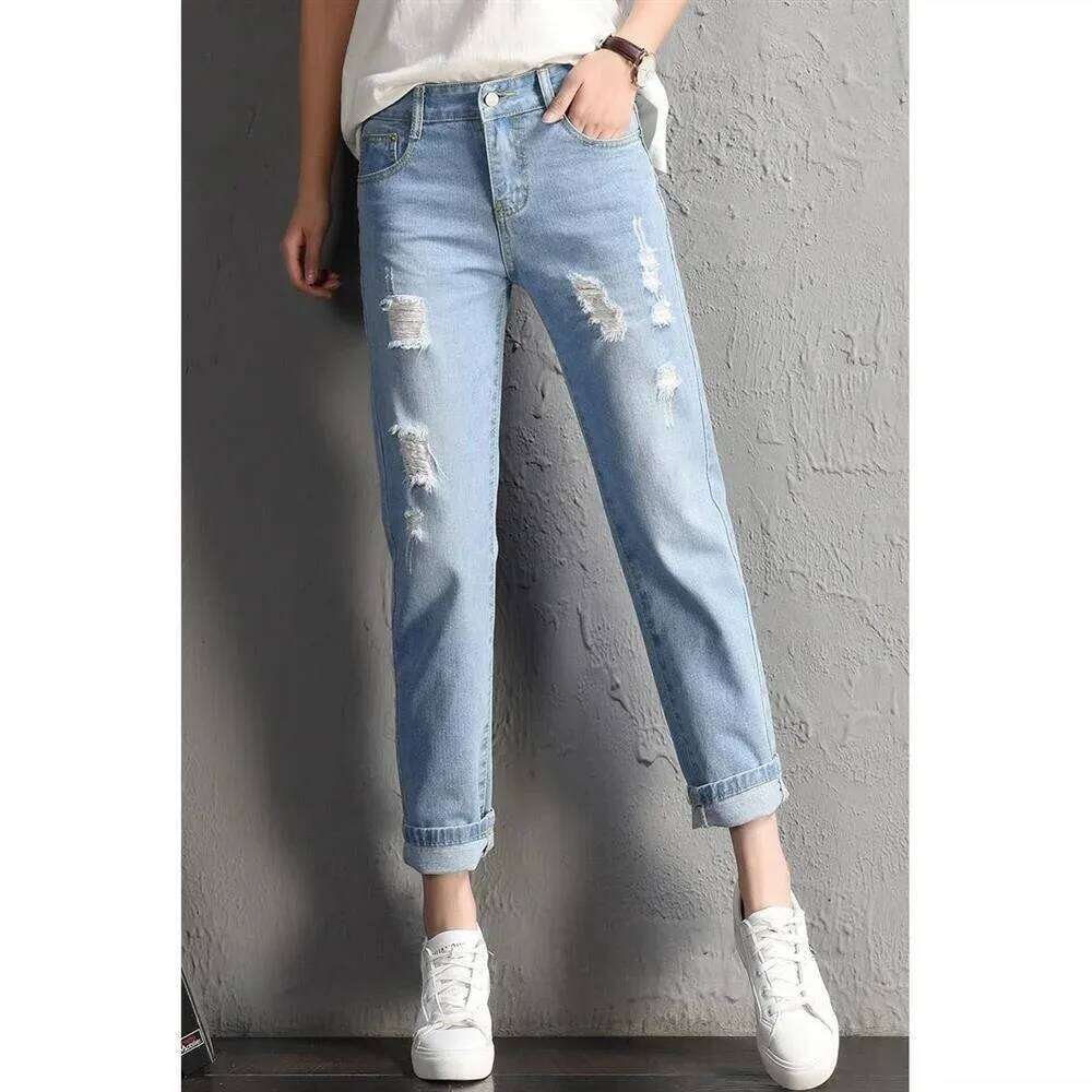 2025 Women jeans Clothing Mid Waist Boyfriend Big Ripped Hole Casual High Street Denim Pants woman Pencil Jeans y2k