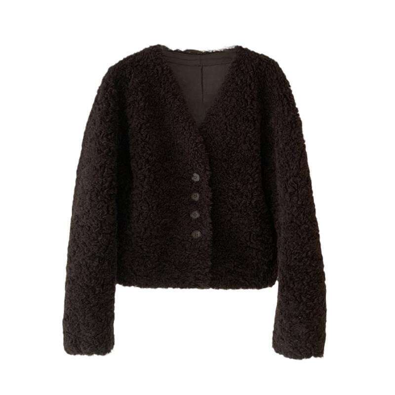 Sheep lamb wool Korean version 2025 winter new sheep shearing fur integrated fur jacket women's v-neck short