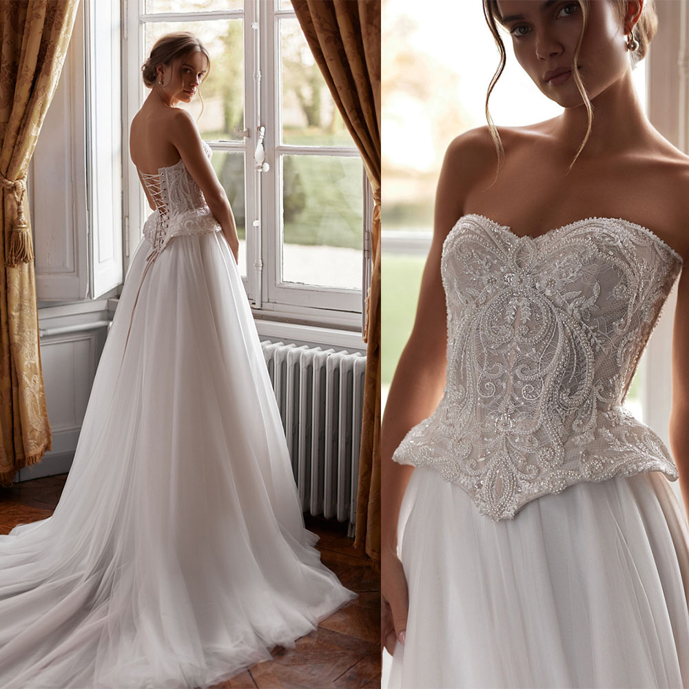 Elegant A Line Women Wedding Dress Strapless Removable Sleeves Bridal Gowns Sequins Lace Backless Sweep Train Dress Customized vestidos de novia