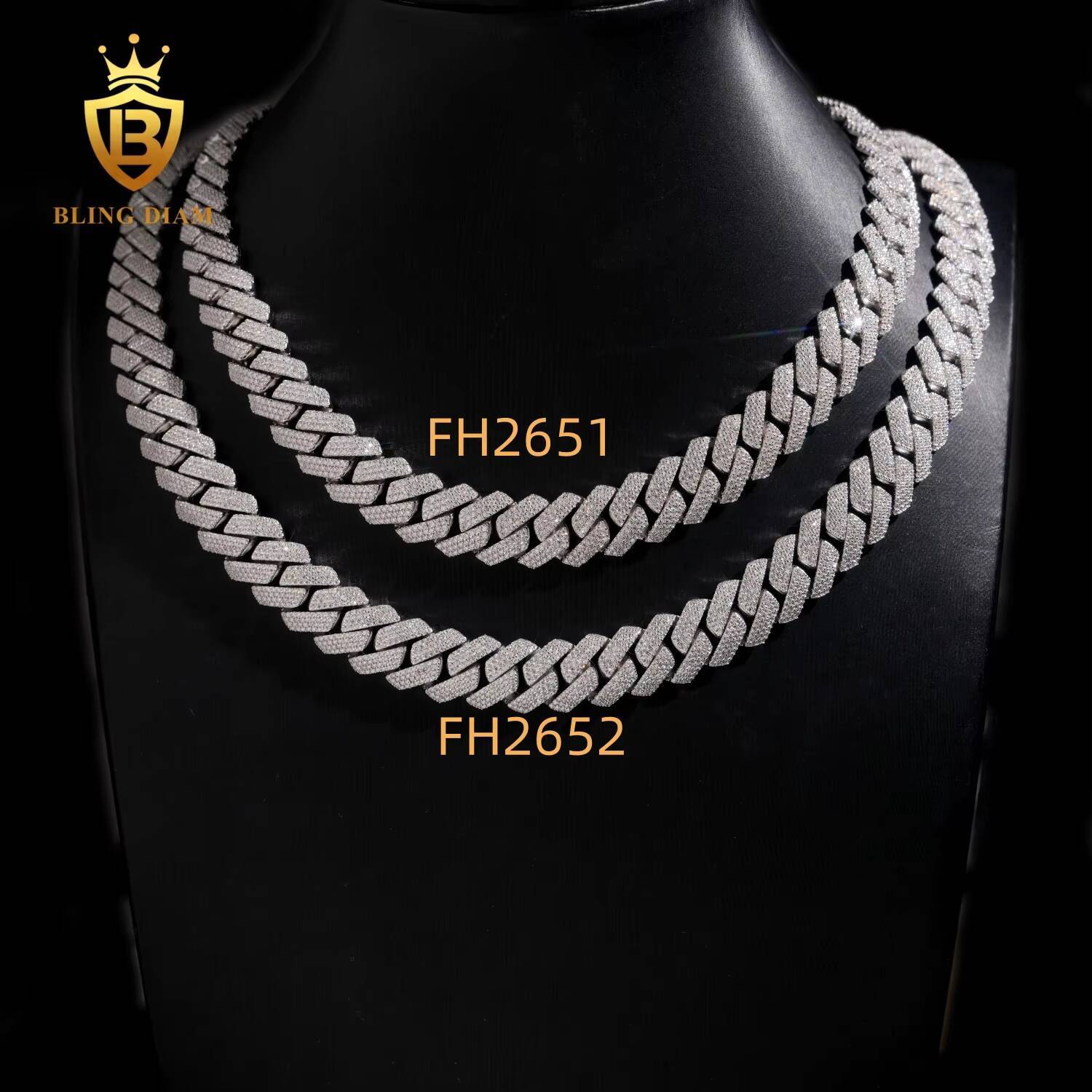 Factory Wholesale Price Pass Diamond Tester Hip Hop Necklace 15mm Four and Three Rows 925 Silver VVS Moissanite Cuban Link Chain