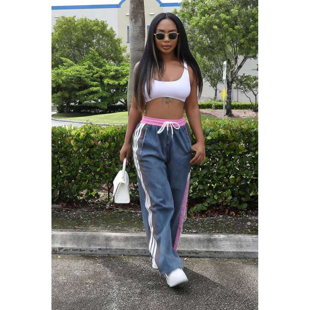 Latest Design Women Jogger Patchwork Jean Wide Leg Pants Fall 2024 Y2k Street Style Women's Drawstring Denim Side Stripe Joggers