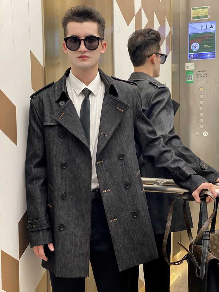 Denim Short Trench Coat for Men with Double Breasted Classic Indigo Blue Fastness Thickened Windbreaker W250815