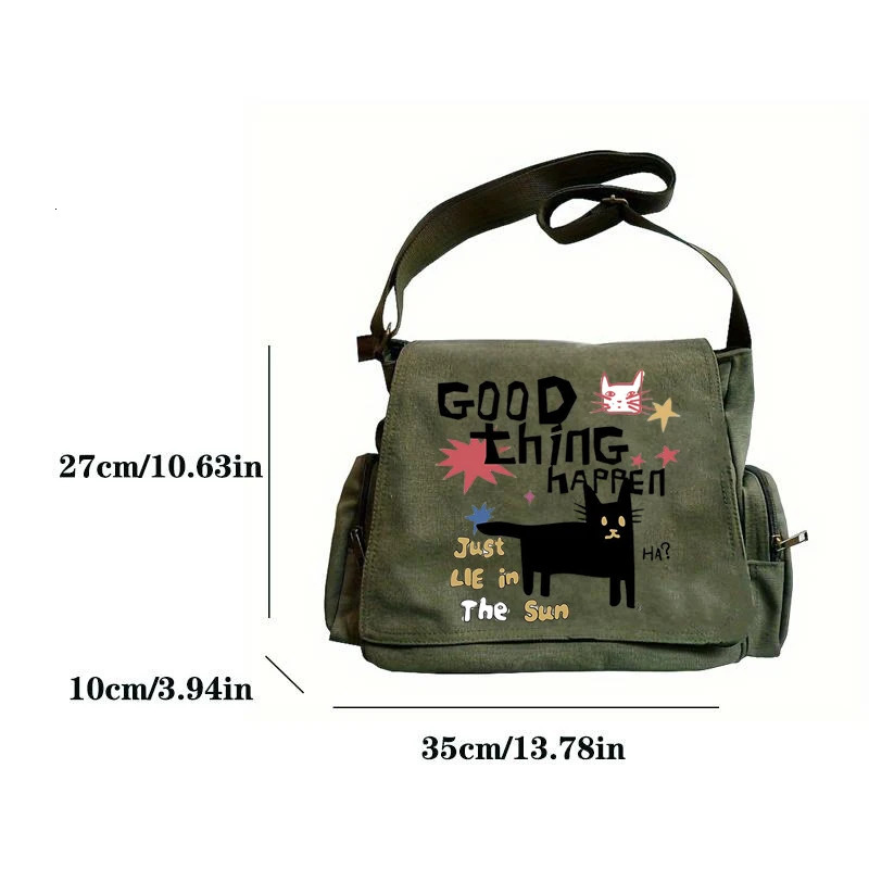 Playful Pattern Womens Bag Multiple Pockets Green Canvas Messenger Bag Zipper Hasp Shoudler Bag For Women Commuting 250809