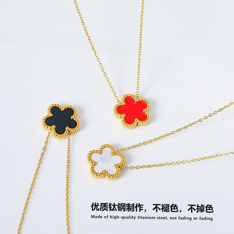 316 Stainless Steel Zircon Black Red Five-Leaf Clover Necklace for Women White Mother-of-Pearl Gold High Version Non-Fading Jewelry for Women
