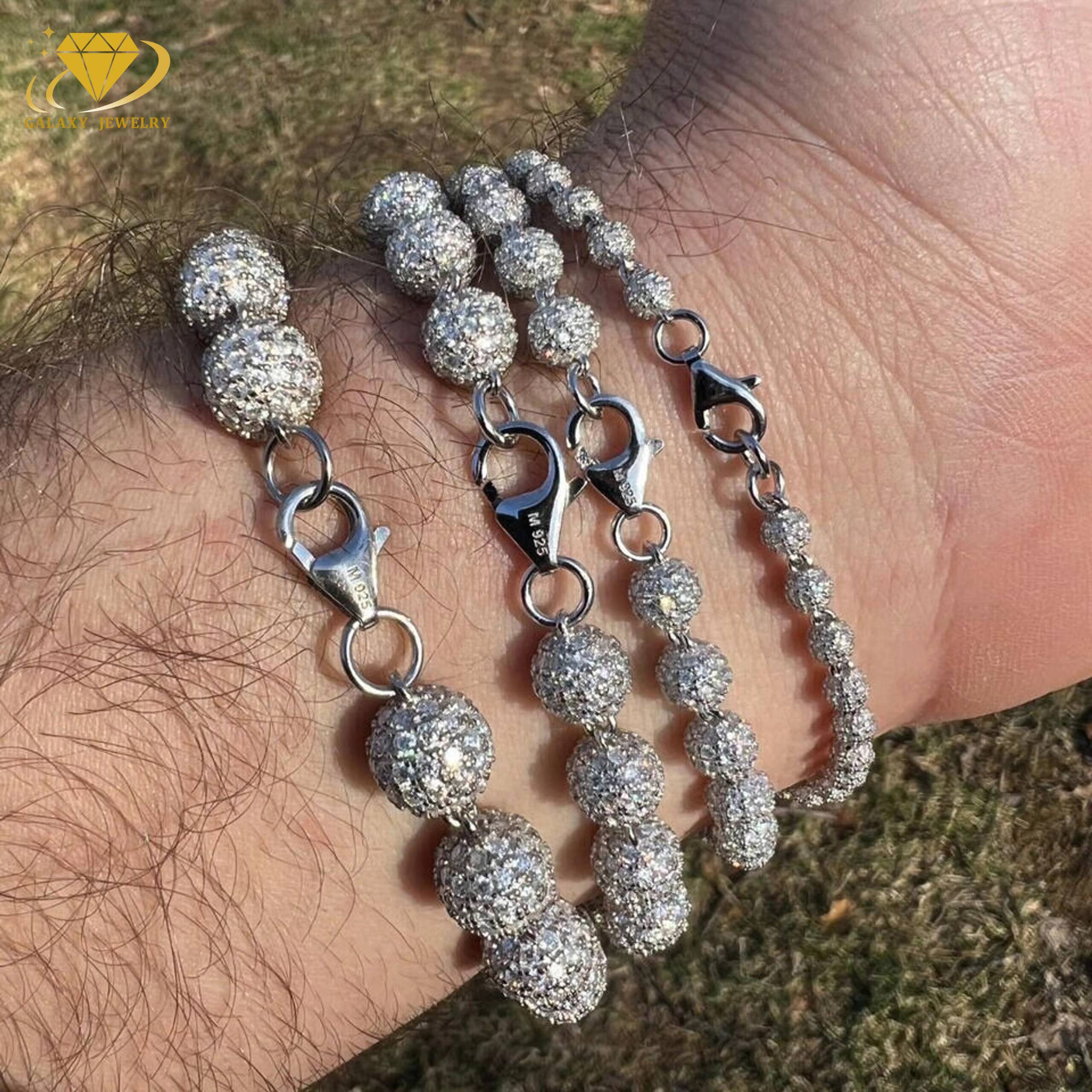 Full Iced Out Round VVS Moissanite Diamond Beads Bracelet Necklace Hip Hop 925 Silver 4mm to 10mm Beaded Cuban Link Chain