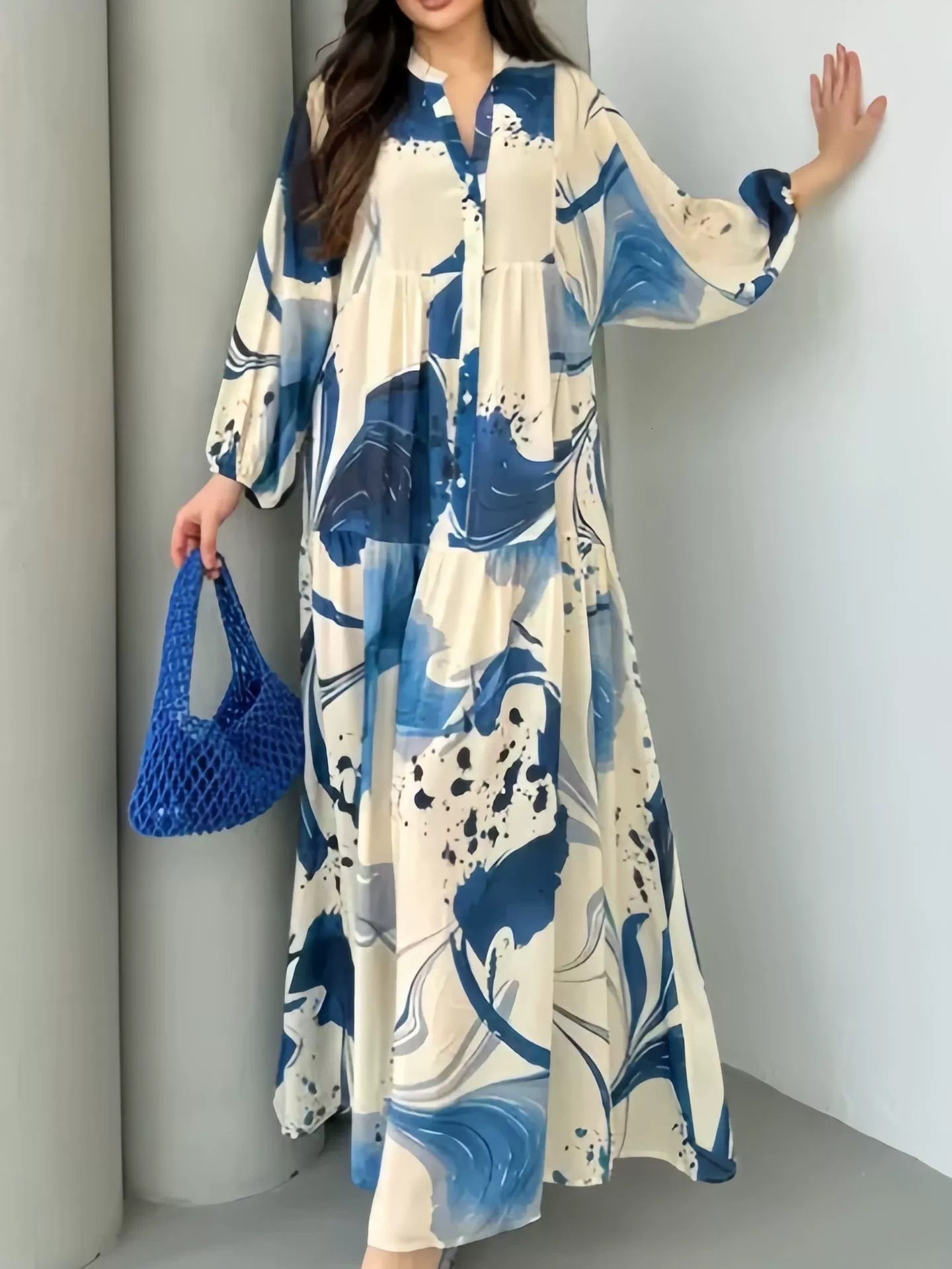 2025 New Printed Loose Casual Sleeve Elegant V-Neck Long Dress for Women