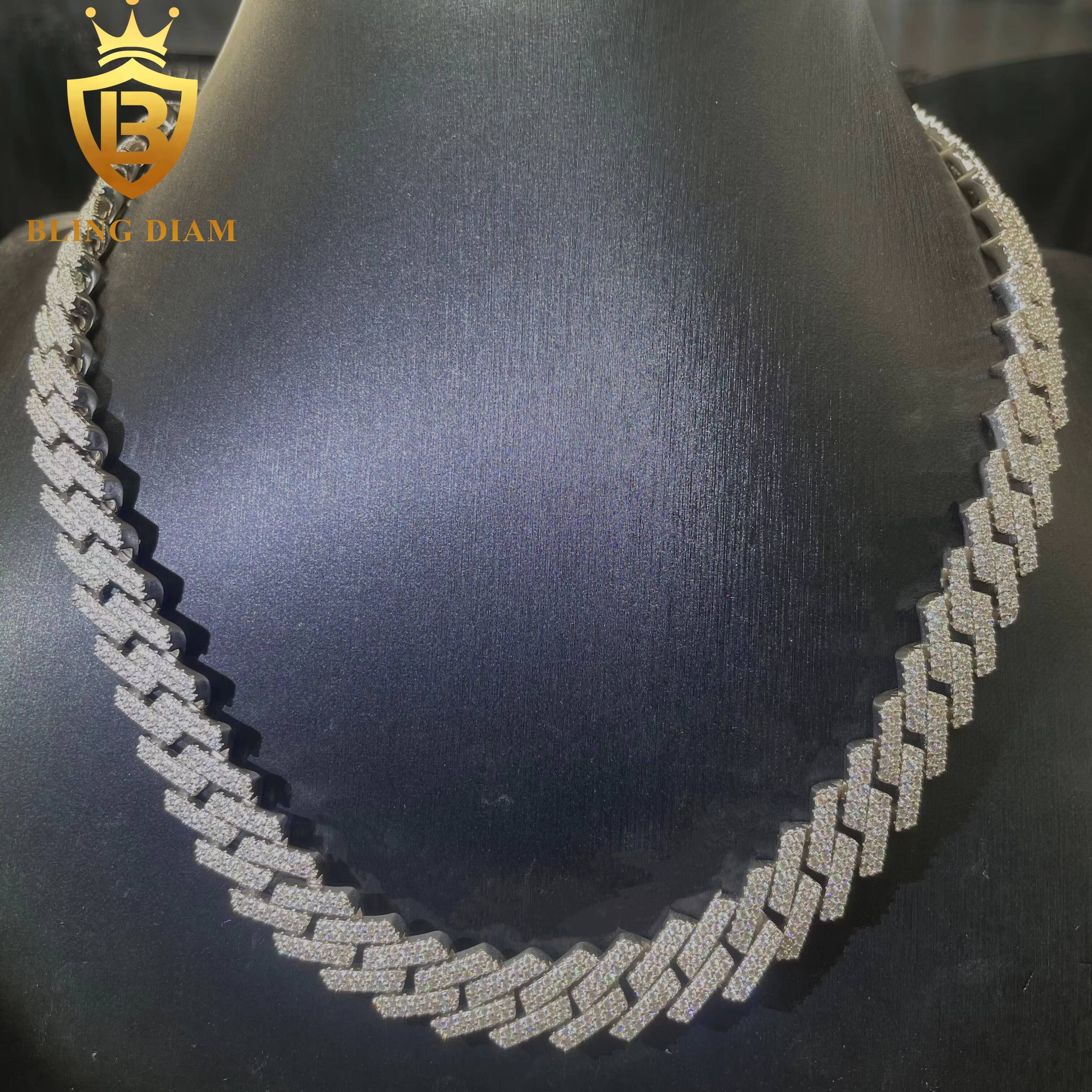 Fashion 14MM Moissanite Cuban Necklace Vvs Ice Out Round Brilliant Cut Diamond 925 Silver Fine Cuban Link Chain Men