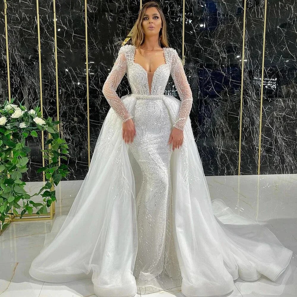 Luxury Pearls Sequins Wedding Dresses Deep V Neck Bridal Gowns with Overskirts Mermaid Long Sleeves Customized Vestidos De Novia Plus Size
