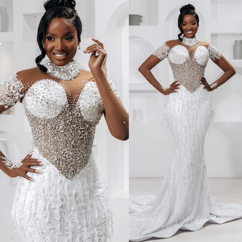2025 Mermaid Aso Ebi Off White African Wedding Dress Bridal Gowns For Bride High Neck Beaded Lace Tassel Crystals Tiered Tulle Wedding Gowns For Black