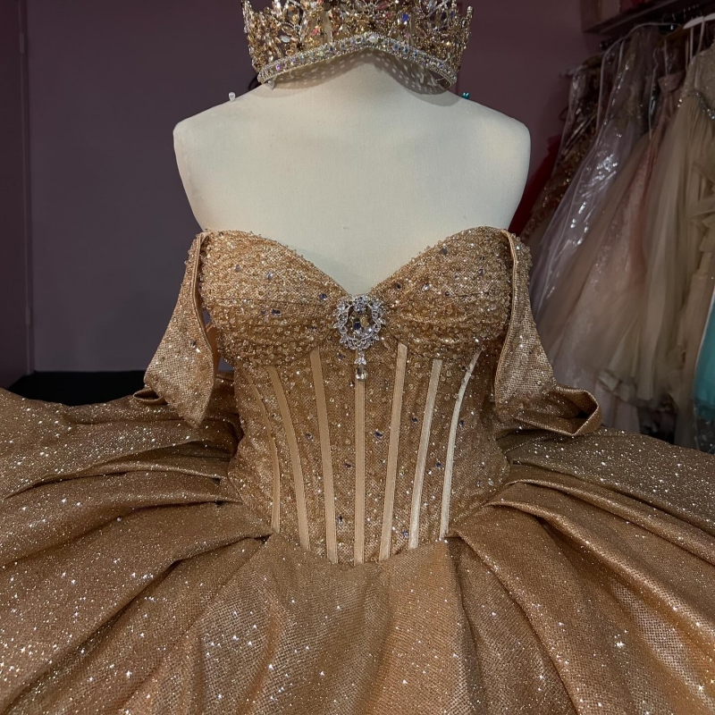 Gold Shiny Princess Sweet 16 Dress Dress Quinceanera Dresses Sequin Beads Bow Corset Tull Party Birthday Vestido De 15 Anos Ball Gowns