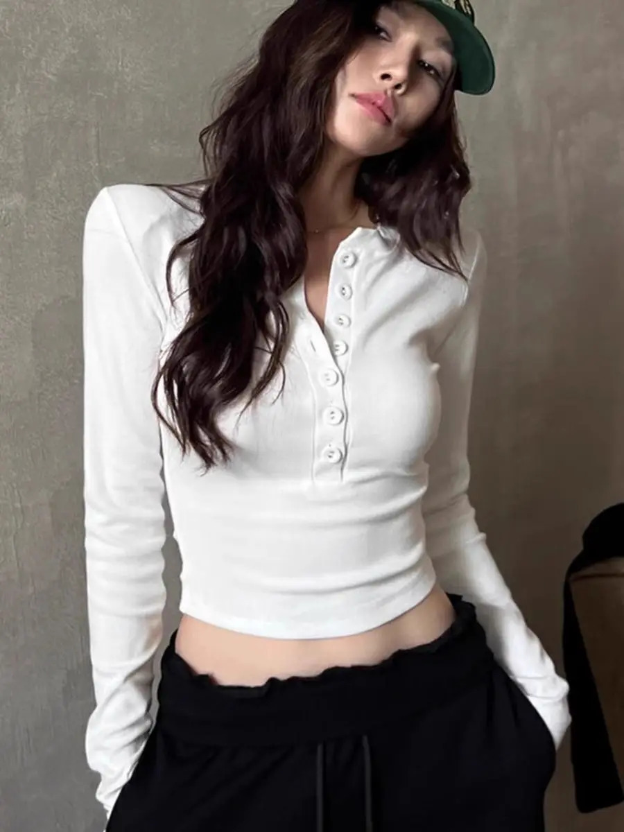 Polo Neck T Shirt for Women Sexy Crop Top Button Long Sleeve Woman Tshirt Slim Black Youthful Elegant Synthetic Aesthetic y 250814