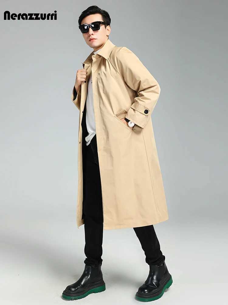 Nerazzurri Spring Autumn Long Khaki Coat Men Turn-down Collar Single Breasted Casual Loose Korean Fashion Clothes Overcoat W250815