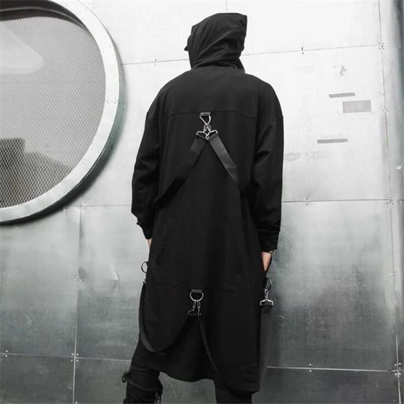 Spring Autumn Men Ribbons Patchwork Punk Hip Hop Long Trench Coat Hooded Cloak Men Black Zipper Techwear Long Jacket Overcoat W250815