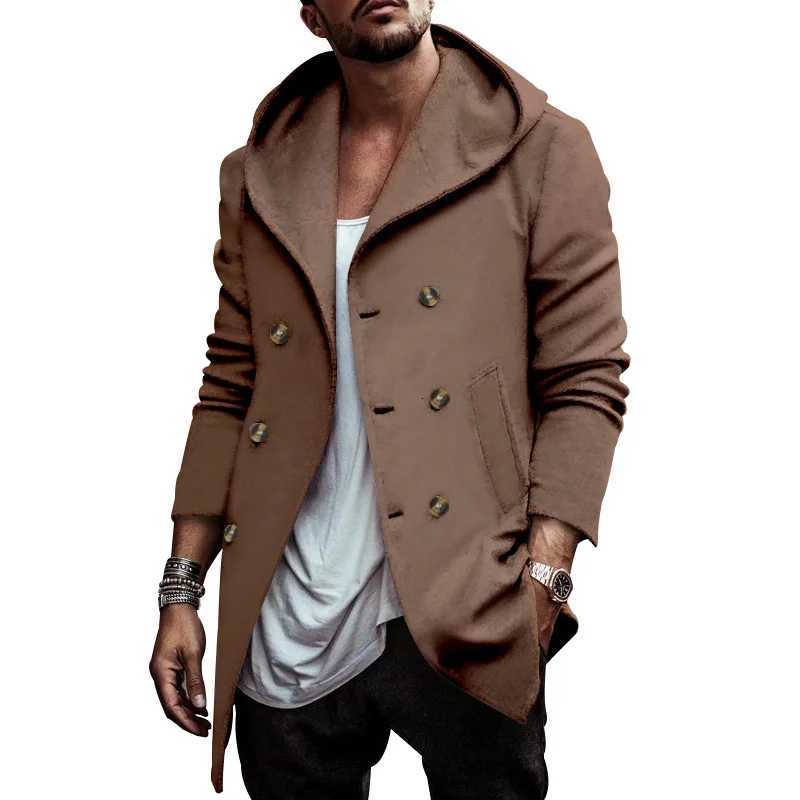 Mens Medium and Long Lapel Hooded Composite Space Cotton Double-Breasted Casual Trench Coat W250815