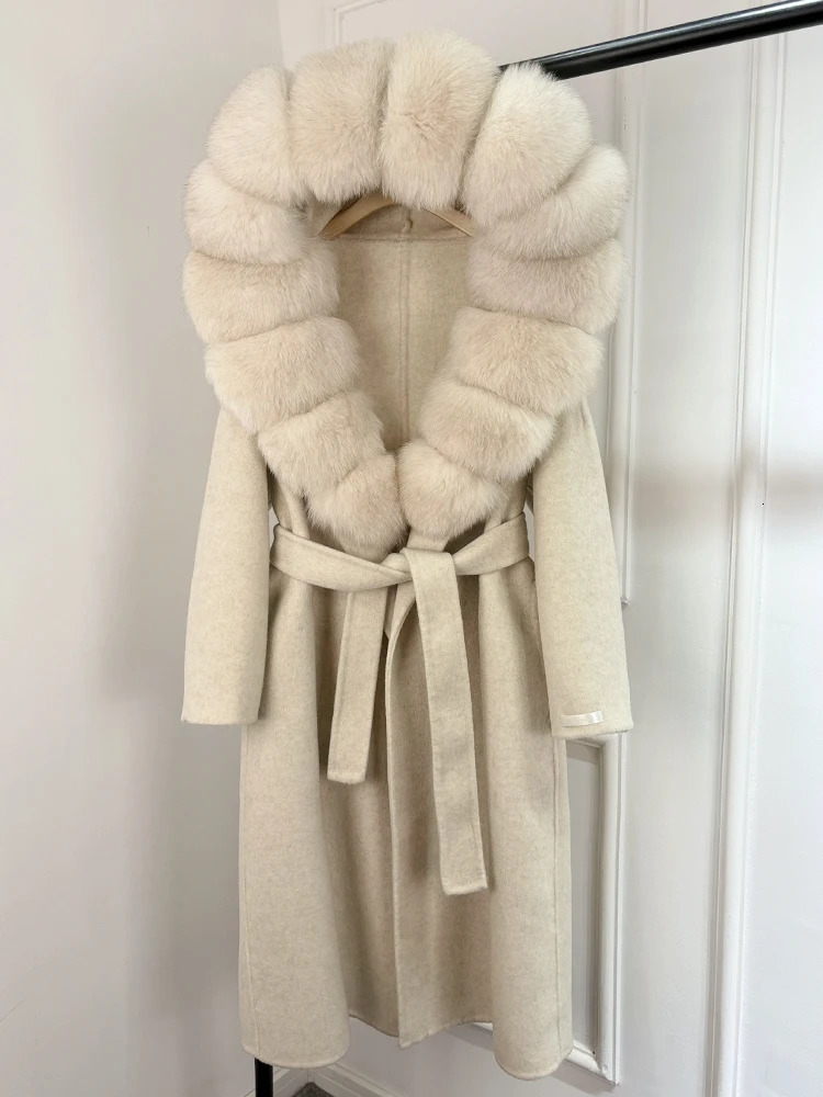 Janveny Large Fox Fur Hooded Long Oversize Ladies Woolen Blends Coat Autumen Winter Jacket Women Cashmere Wool Coats 250811