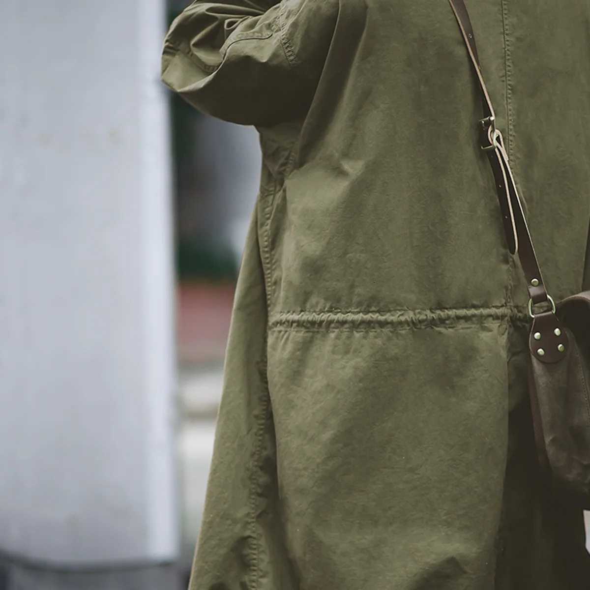 Mens Vintage M5 Fishtail Green and Camel Trench Coat Woven Waist Rope Mid-length Oversized Loose Coat for Men W250815