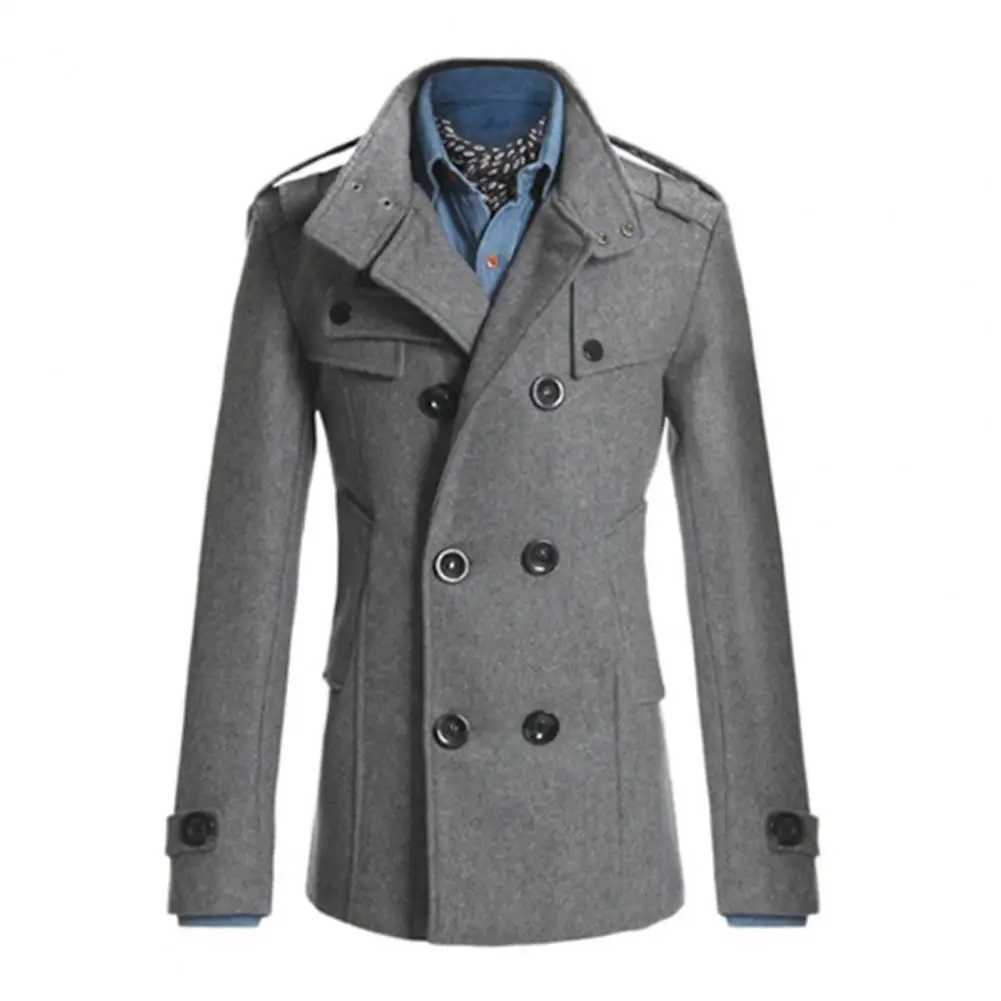 Men Woolen Coat Stand Collar Double-Breasted Closure Mid-Length Retro British Style Windbreaker Autumn Solid Mens Trench Coat W250815