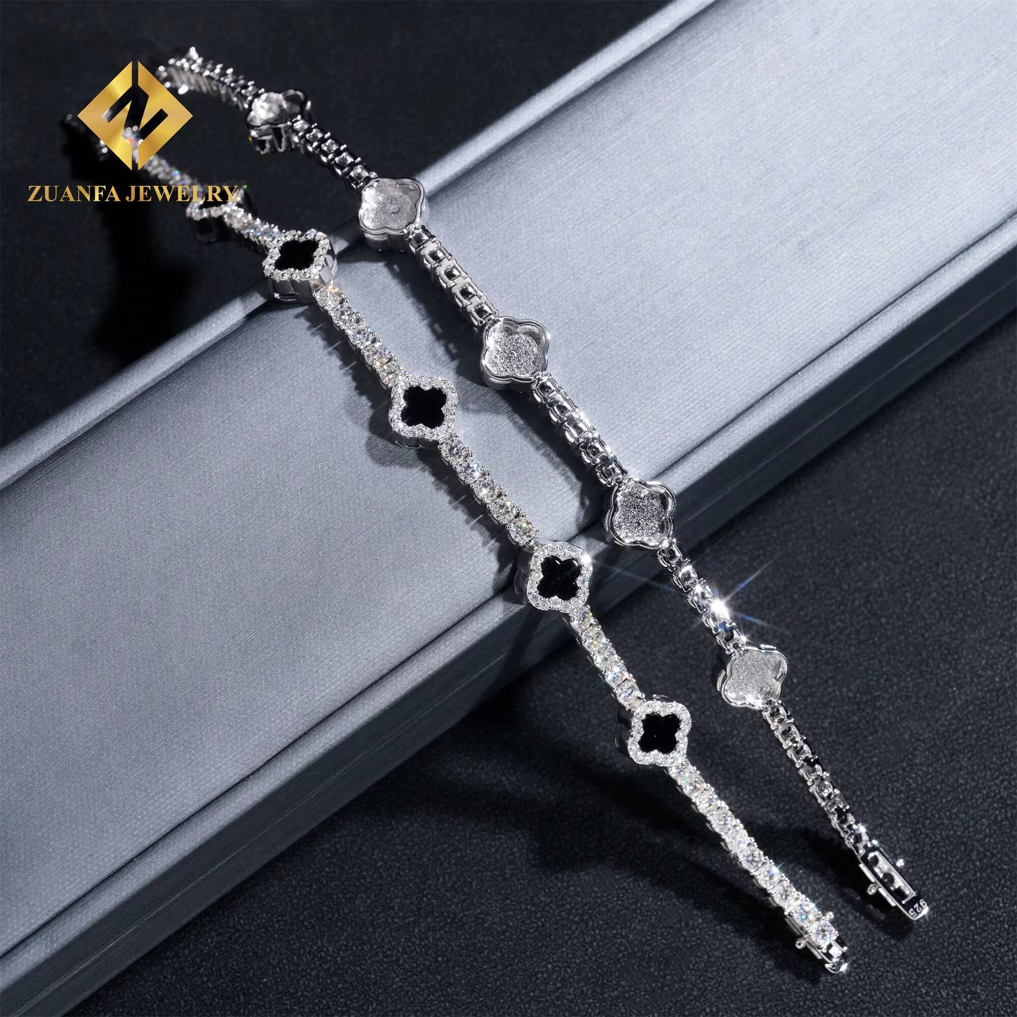 New Arrivals 3mm Iced Out Hip Hop Jewelry S925 Silver VVS1 Moissanite Diamond Four Clover Leaf Cluster Tennis Bracelet
