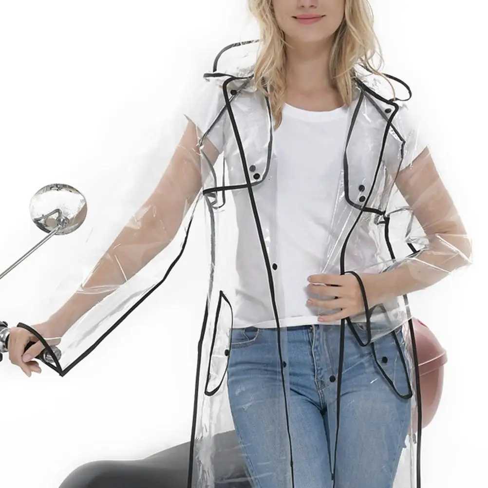Eco EVA Black Raincoat Lightweight Transparent Hooded Women Slicker Mid Long Outdoor Cycling Rainwear WindPROof Y250814