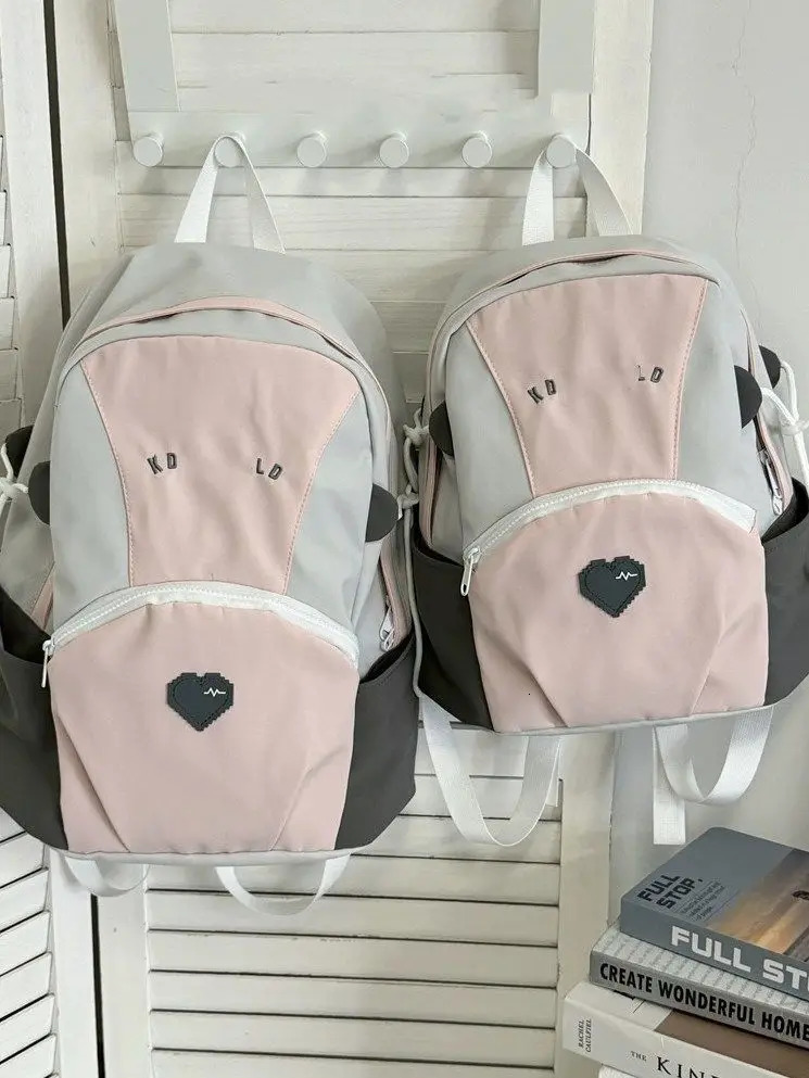 Women Pink Heart School Bag High-capacity Summer Y2k Backpacks for Students Korean Fashion Travel Bags Patchwork Schoolbag 250809