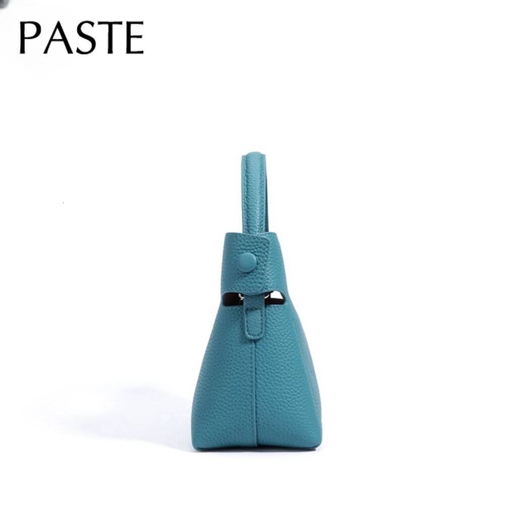 New Summer Blue Color High-End Small Bucket Tote Buckle Close Design Genuine Cow Leather Women Shoulder Bag Handbag