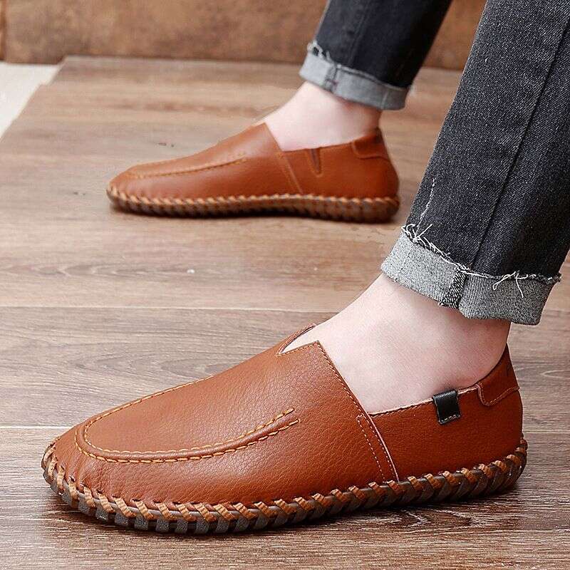 Men's slip-on flat spring set feet handmade leather shoes car sewing large size loafers
