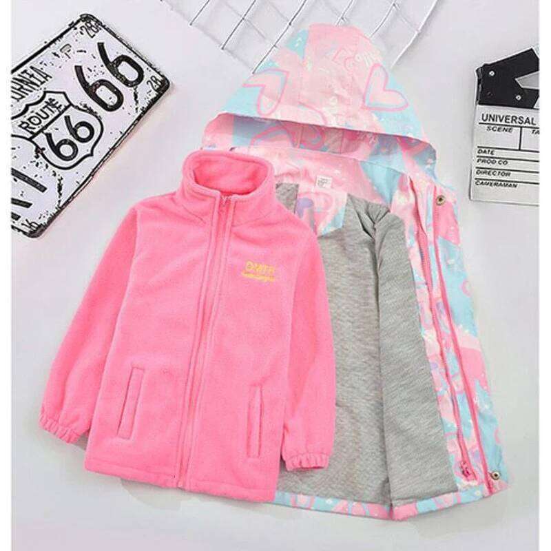 Waterproof Hooded Coat Kids Cartoon Girls Lovely Warm Removable Fleece Lined Jacket Cotton Padded Cothes Children Outfit Xmp95