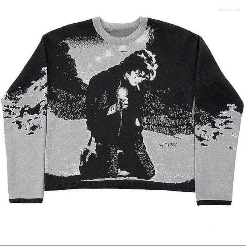 Men's Hoodies Autumn Winter Harajuku Vintage Cartoon Anime Print Knit Oversized Men Sweater Aesthetic Gothic Punk Streetweat Ugly