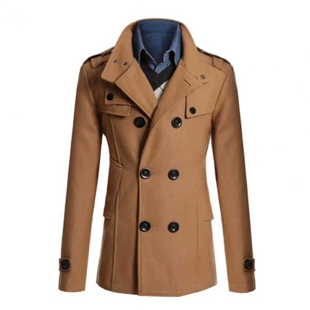 Men Woolen Coat Stand Collar Double-Breasted Closure Mid-Length Retro British Style Windbreaker Autumn Solid Mens Trench Coat W250815