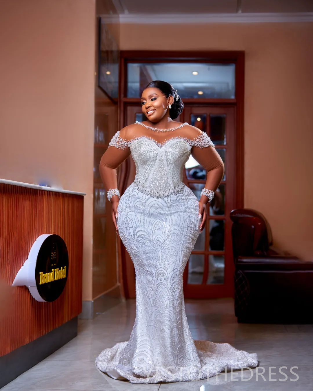 2025 Plus Size Off White African Wedding Dress Bridal Gowns For Bride Mermaid Sheer Neck Beaded Lace Pearls Tiered Pleat Tulle Wedding Gowns For Black