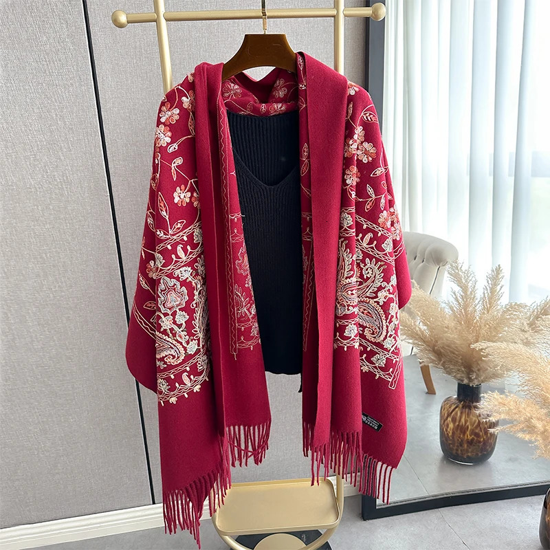 Winter Embroidery Cashmere Scarves High Quality Women Thicken Wrap Shawl Ladies Warm Wool Pashmina Scarf 250808