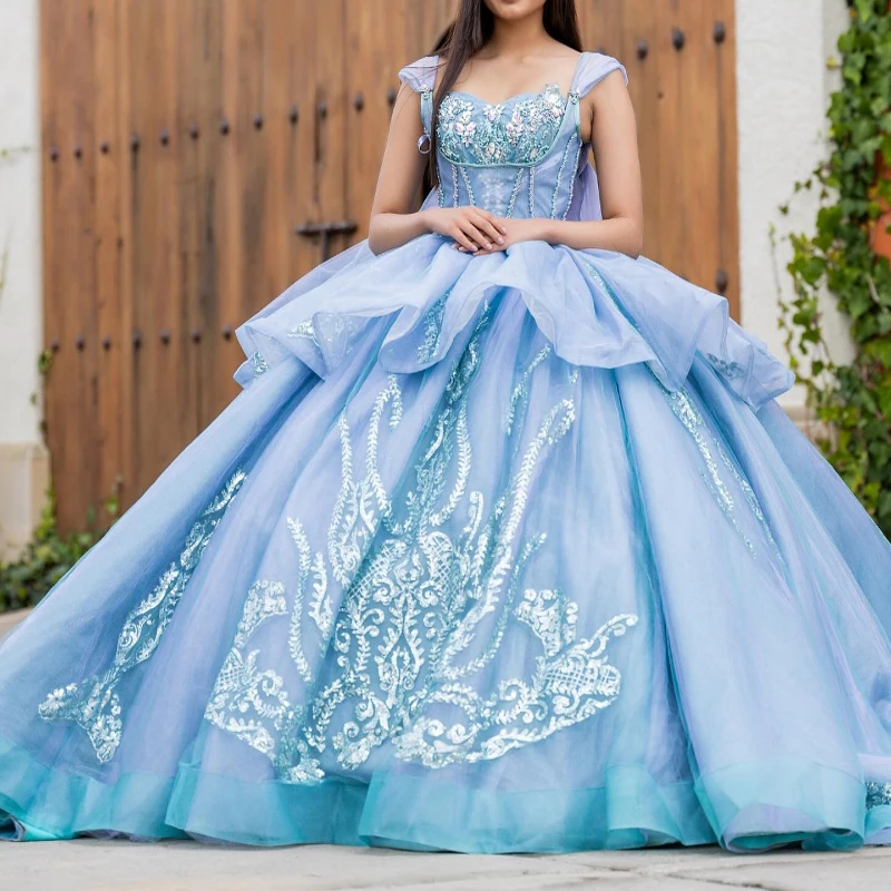 Sky Blue Shiny Princess Sweet 16 Dress Quinceanera Dresses Off The Shoulder Sequin Applique Beading Crystal Tull Party Birthday Vestidos 15 Anos