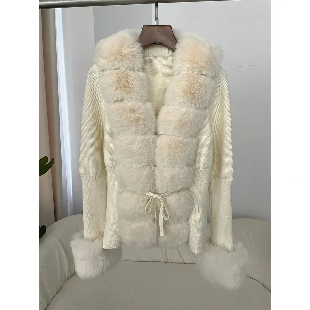 Autumn/Winter Womens Fur Coat Patchwork Knitted Sweater Bandage Fur Cardigan Detachable Collar Jacket Faux Fur Coat 250811