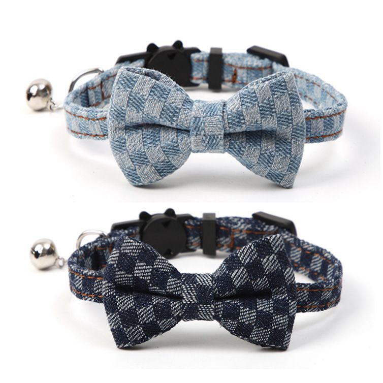 Chic Checkered Denim Bow Tie Pet Dog Cats Collar with Bell Light & Dark Wash