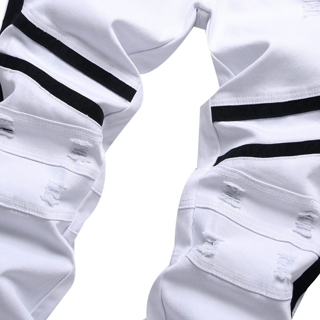 Men's White Zipper Jeans Slim Fit Stretch Ripped Denim Trousers Black Trim Streetwear Pants Men