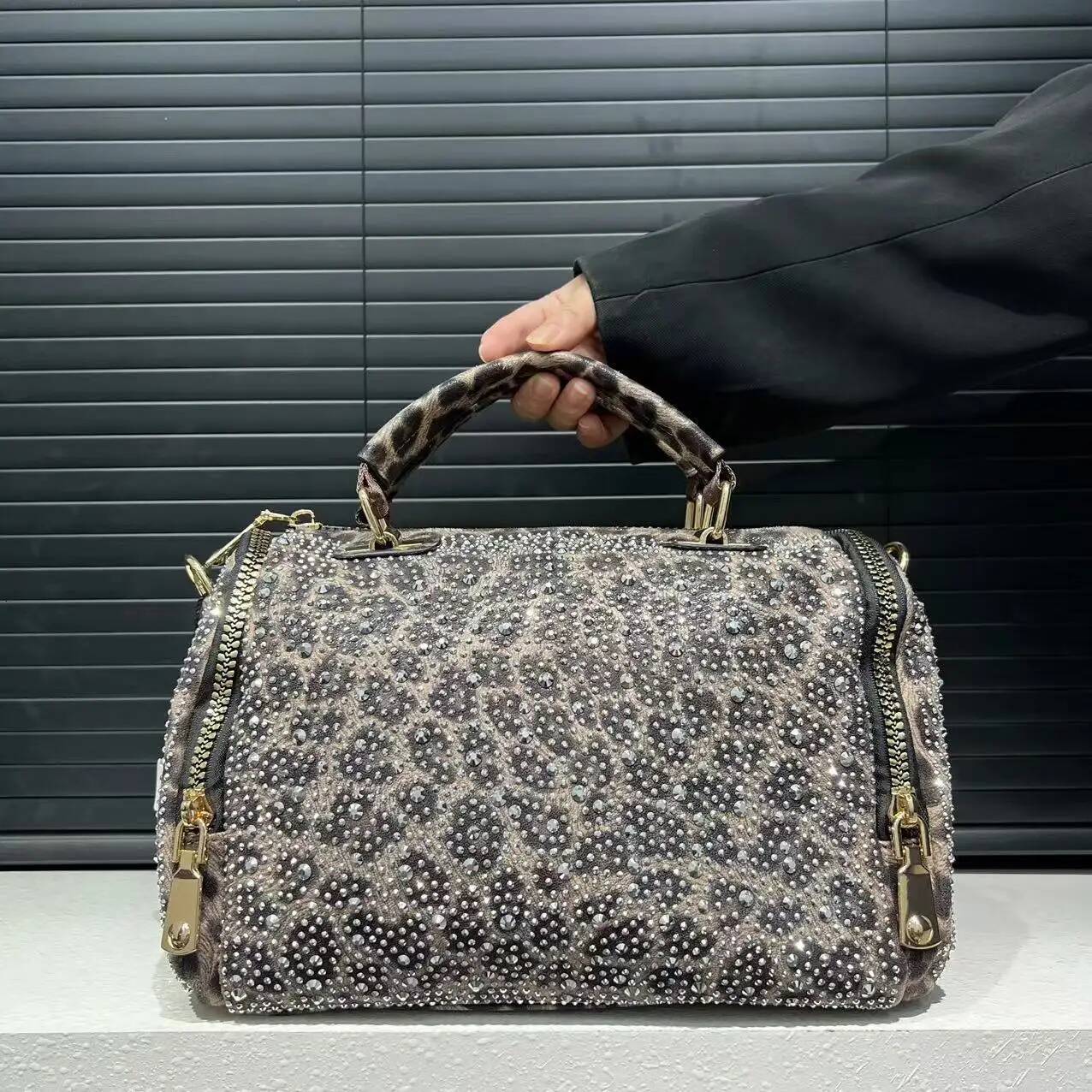 Ladies' Fashionable Gorgeous Studded Tote Bag With Leopard Pattern And Full Dia Cylindrical Handbag