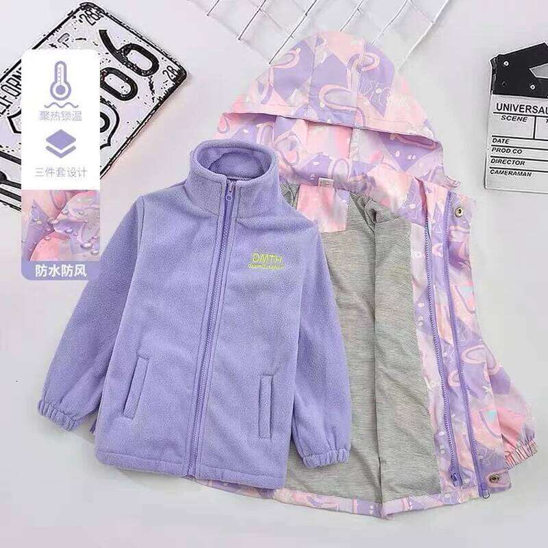 Waterproof Hooded Coat Kids Cartoon Girls Lovely Warm Removable Fleece Lined Jacket Cotton Padded Cothes Children Outfit Xmp95