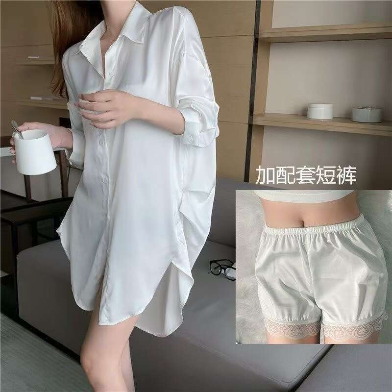 Plus Size Silk Boyfriend Style Shirt Pajamas for Women Long Sleeve Versatile for Spring/Autumn, Ideal for Home Outdoors