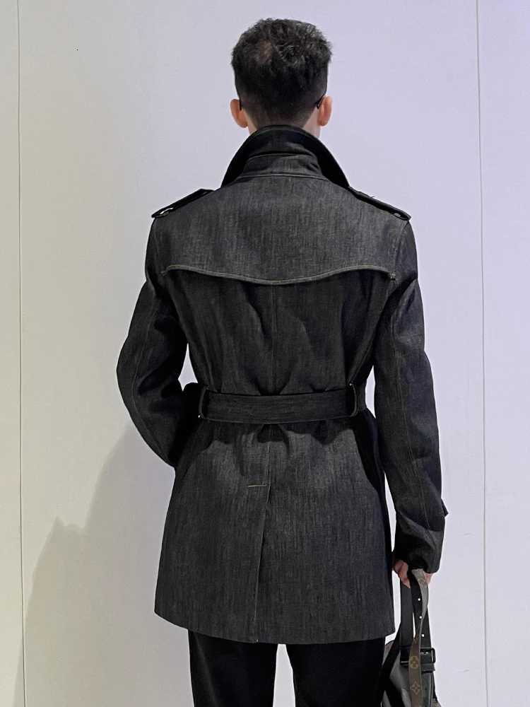 Denim Short Trench Coat for Men with Double Breasted Classic Indigo Blue Fastness Thickened Windbreaker W250815