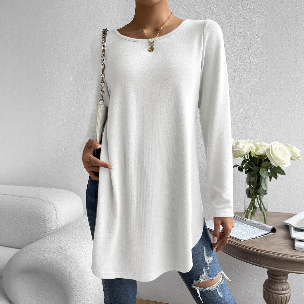 2025 Women's Autumn Winter Casual Side Slit Hem Solid Color Round Neck Long Sleeve T-Shirt