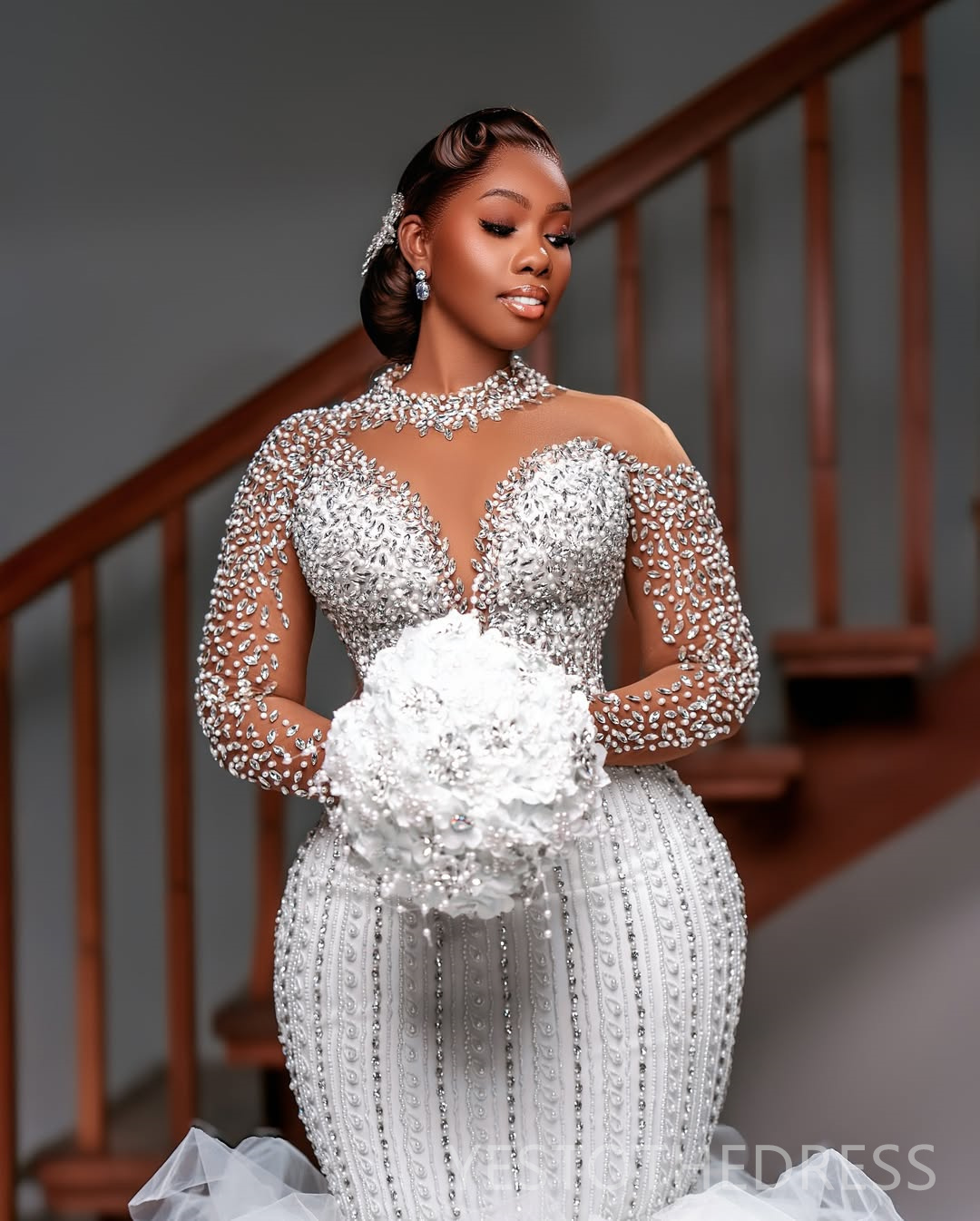 2025 Plus Size Luxurious Off White African Wedding Dress Bridal Gowns For Bride High Neck Tiered Tulle Beaded Lace Rhinestones Wedding Gowns For Black