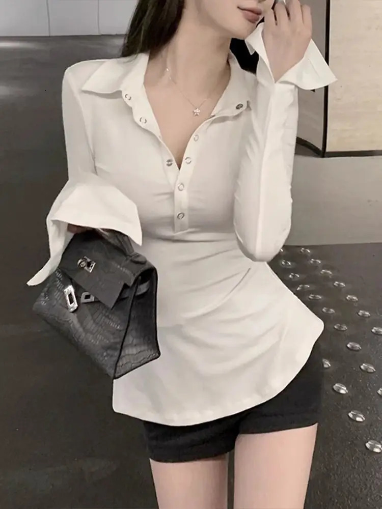 Gray Button Polo Neck T Shirt for Women Spring Autumn Slim Korean Clothing in Trend Basic Pretty Youth Woman Tshirt 250814