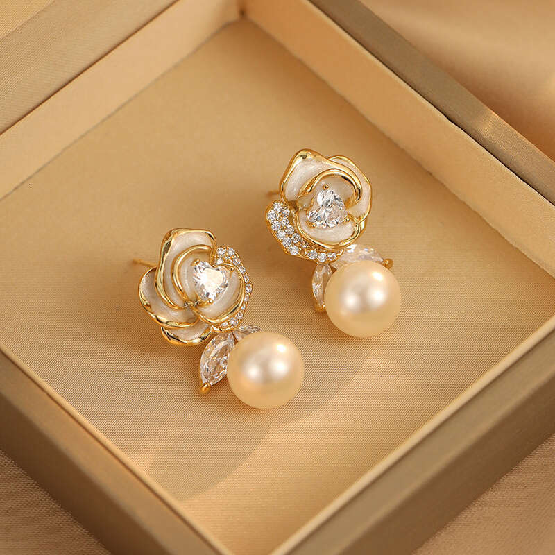 French Style Glazed Camellia Pearl S Sier Needle High-end Simple Fashion Stud Elegant Sweet Earrings