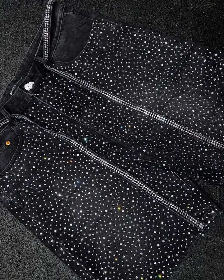 American Retro Rhinestone Sequins Ribbon Denim Shorts Y2K Hip Hop Washed Solid Color Baggy Shorts Low Waist Over The Knee Pants Y250814