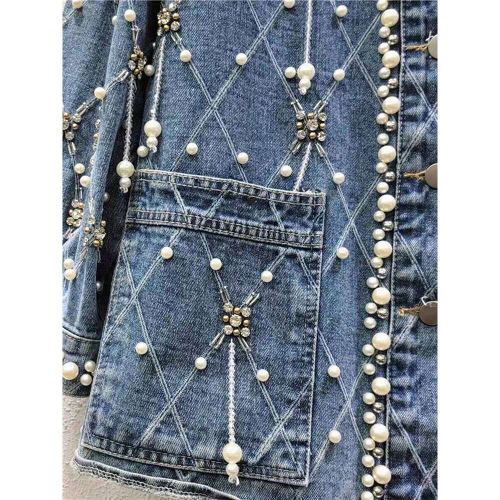 Designer Clothing 2025 VGH Spring Runway Style Patchwork Plaid Jackets For Women O Neck Long Sleeves Spliced Pearls Fashionable Denim Coats Female