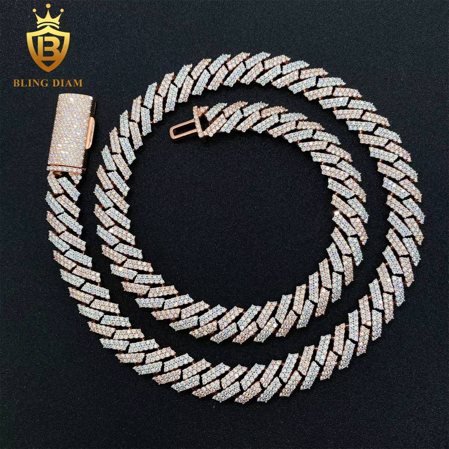 Factory Direct Sale 12mm Cuban Link Chain Moissanite 2 Row Prong Chain Necklace Pass Diamond Tester
