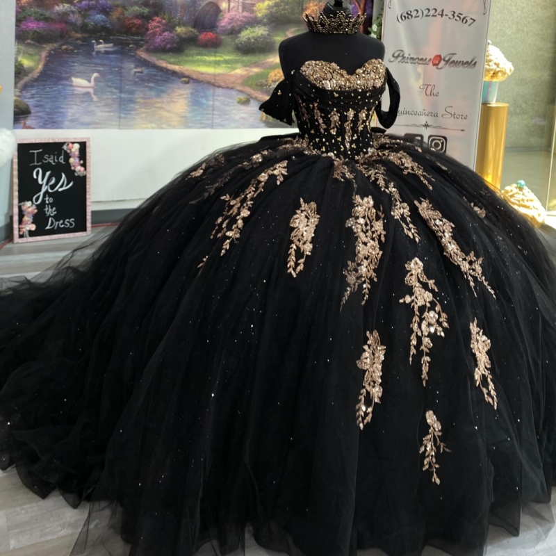 Black Shiny Princess Sweet 16 Dress Quinceanera Dresses Applique Beads Bow Tull Party Birthday Vestido De 15 Anos Ball Gowns